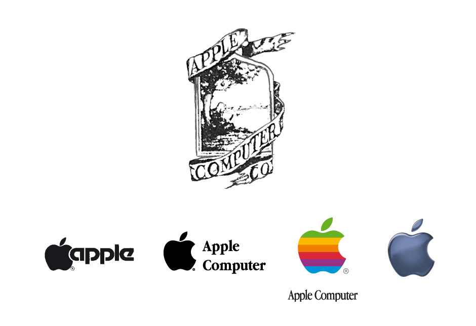 Obr. 06 – Geneze loga Apple. První verze loga zobrazující Newtona, jak mu padá jablko na hlavu, neměla přes svůj vhodný sémantický obsah sebemenší šanci na úspěch. Logo bylo natolik vizuálně složité, že si ho nemohl nikdo zapamatovat.