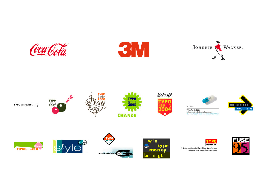 Obr. 04 – Ukázka dlouhodobě užívaných značek (Coca-Cola, 3M, Johnnie Walker) a značek krátkodobých (konference s názvem TypoBerlin mění své logo každoročně).